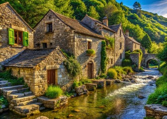 Ancient Stone River Houses: Rustic Architecture Photography