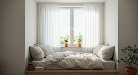 Cozy Bed Nook with Natural Light and Indoor Potted Plants