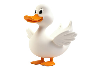A cartoonish white duck with an orange beak and feet standing on Isolated on white transparent background