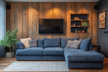 a modern living room with a comfortable blue sectional sofa, wooden paneling, and a mounted television. The room is well-lit and has a cozy atmosphere, creating a comfortable and stylish interior