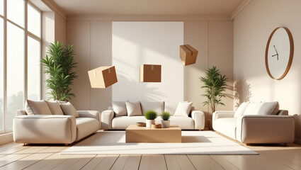 An airy and modern living room with floating boxes. The scene is bright and inviting, capturing a sense of movement and space. The focus is on a blend of design and the illusion of transport