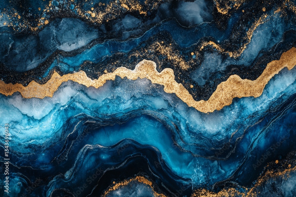 Poster abstract blue and gold marbled design with flowing patterns and textures