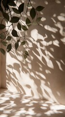 Soft sunlight casts dappled shadows of green leaves onto a beige wall, creating a tranquil and serene atmosphere. The light is soft and warm, enhancing the natural textures.