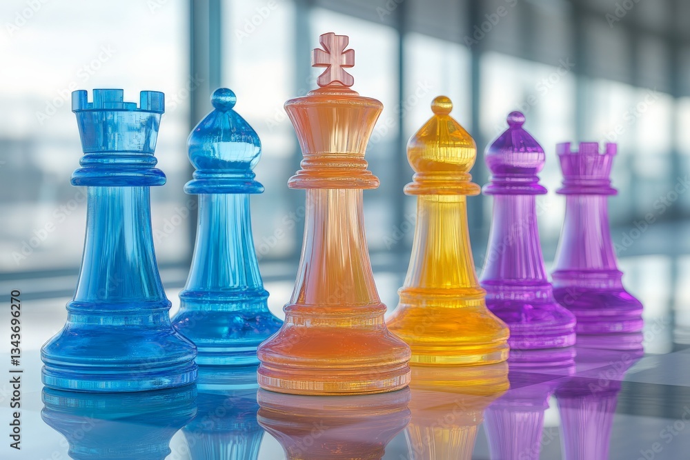Poster colorful chess pieces arranged on a shiny surface in a modern urban setting during bright daylight