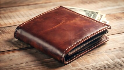 Brown Leather Wallet with Cash on Wooden Surface
