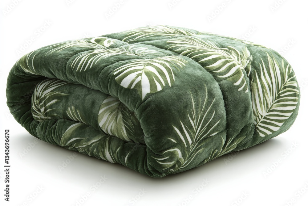 Poster soft green blanket with tropical leaf pattern folded neatly on a white background