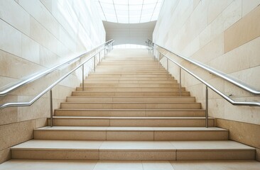 Modern stone stairs with metal handrails.  Interior perspective of a light and airy staircase