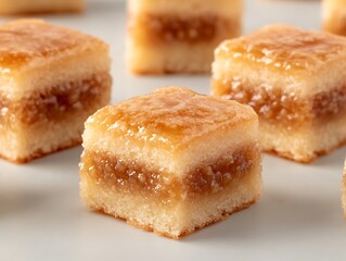 Delicious square pastries with layers and shiny glaze are displayed