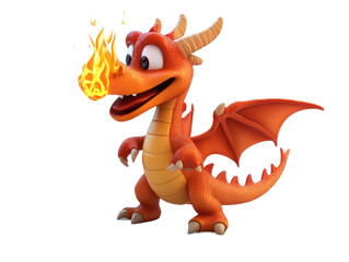 Obraz premium A cartoon orange dragon with wings and horns blowing fire on Isolated on white transparent background scene render