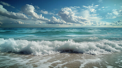 Fototapeta premium A mesmerizing panorama captures the eternal allure of the ocean’s horizon, where the ceaseless rhythm of waves and the boundless