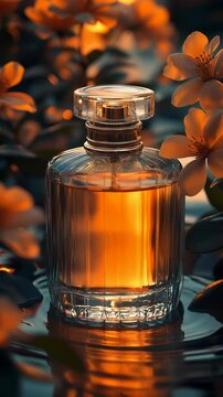 Explore the beauty of a glass perfume bottle surrounded by blooming flowers and reflective water during sunset in a serene garden setting. Ideal for Social Media, Stories, Advertising