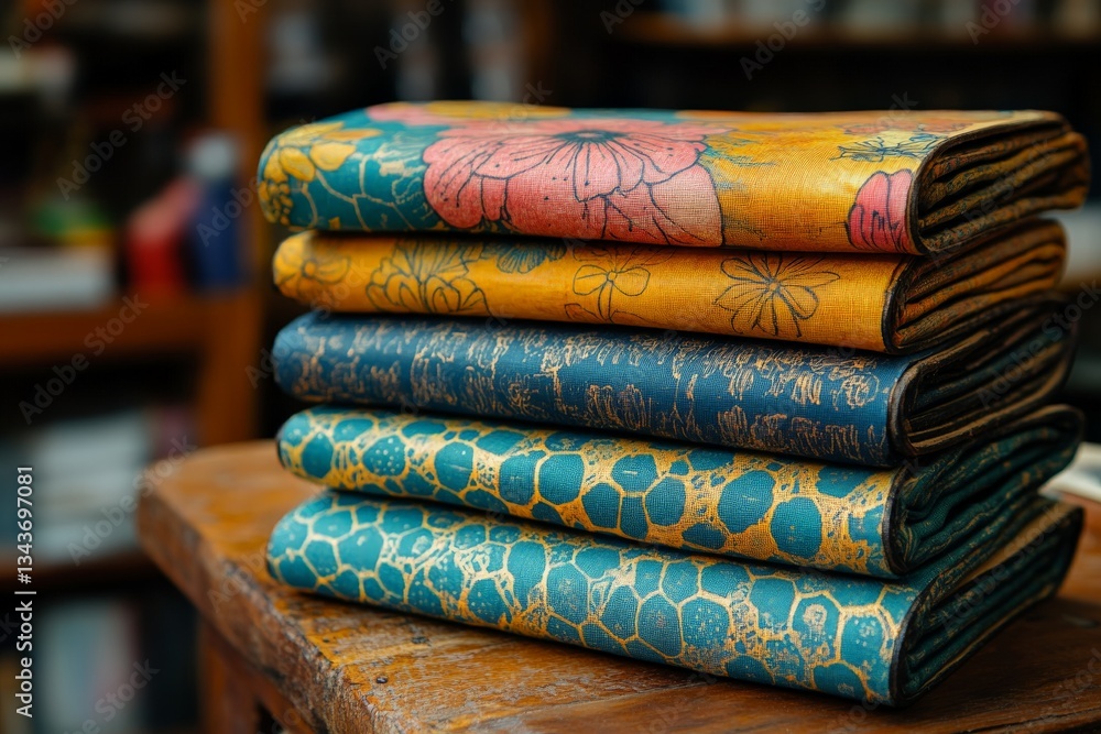 Aufkleber Crafted fabric stacks in warm tones displayed on wooden table in a cozy workshop setting