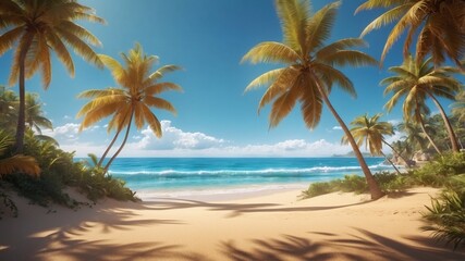 Fototapeta premium a tropical beach with palm trees, soft sand, and the ocean under a clear blue sky