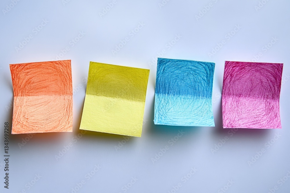 Poster Colorful sticky notes arranged in a row on a plain background showcasing creative uses in organization and reminders