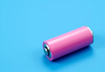 Pink alkaline battery on blue background, close-up view,  thing, backdrop