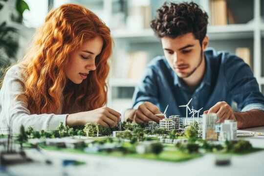 Two young architects collaborate on an eco-friendly city model using wind turbines and green spaces.