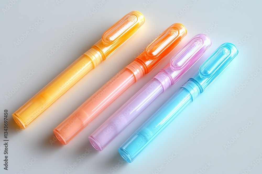 Poster brightly colored highlighters arranged neatly on a white background for creative writing or studying