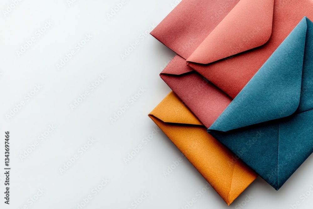 Poster colorful envelopes stacked on a clean surface for creative correspondence or invitations