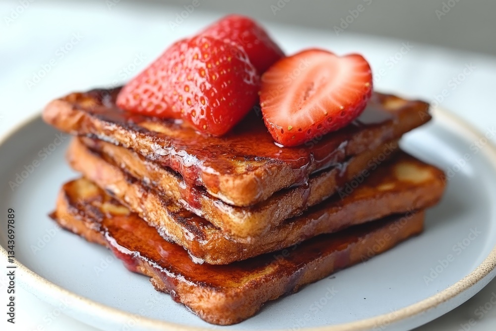 Poster Delicious stack of French toast topped with fresh strawberries and syrup in a cozy setting