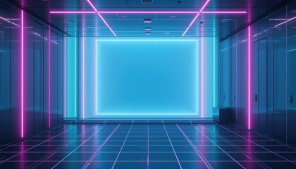 Illuminated futuristic hallway scene modern building digital art urban environment wide angle view neon concept for creative projects