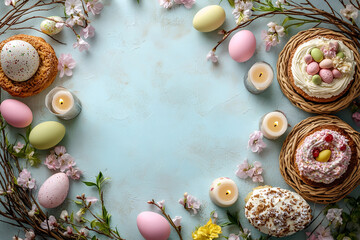 Obraz premium Frame for an Easter banner on a blue background. Willow branches, Easter eggs, traditional Easter cakes, decorated baskets, candles, and festive treats. There is free space for for text