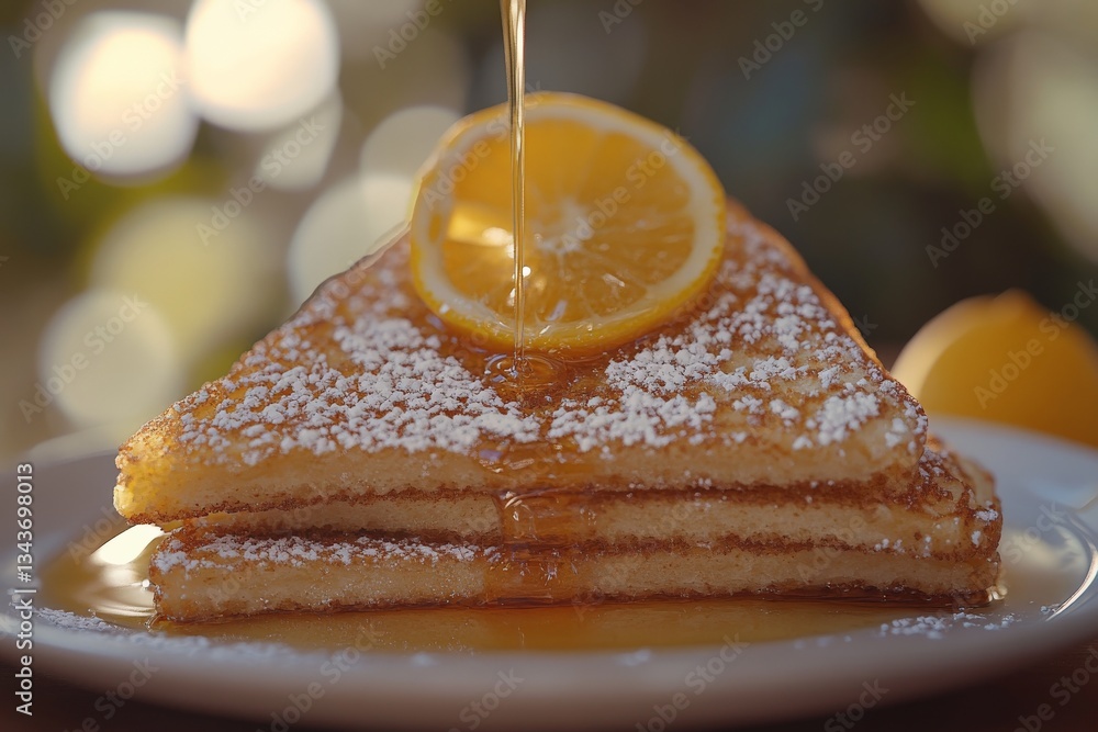 Poster delicious stack of fluffy pancakes topped with lemon and syrup served outdoors in a sunny setting