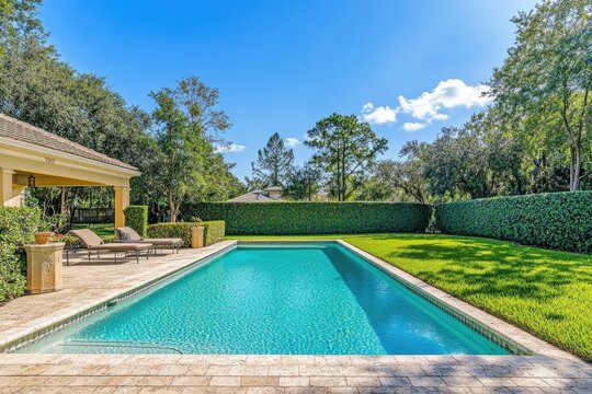 Luxurious backyard pool with patio and landscaping.  Spacious, private pool area with sunbathing lounge chairs, pergola, and lush hedges.  Perfect for entertaining or relaxing