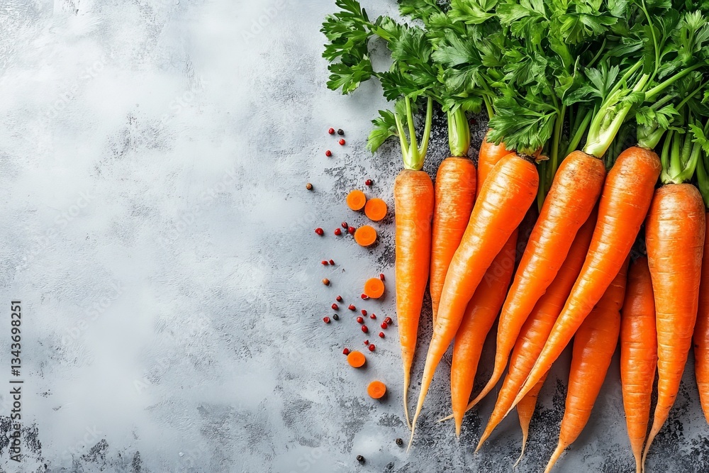 Poster freshly harvested carrots arranged with green tops and sliced pieces on a rustic surface