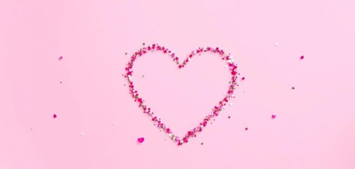 Pink background, heart shape formed by scattered sparkles and confetti Minimal Valentine's Day design, illustration, asset