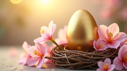 Golden egg surrounded by pink flowers in a natural nest setting