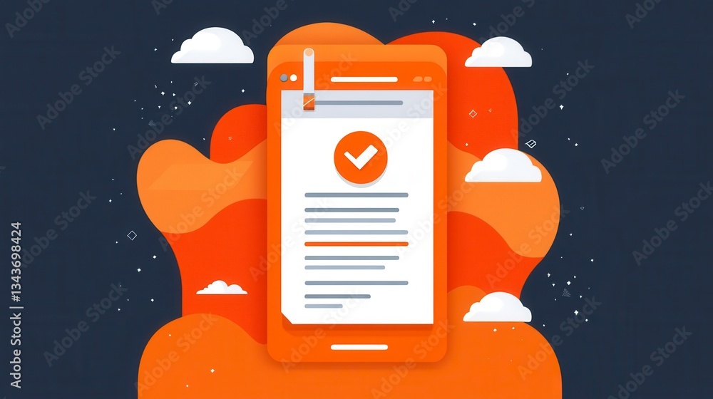 Poster digital document verification on a smartphone, illustrated with an orange and gray color scheme and 