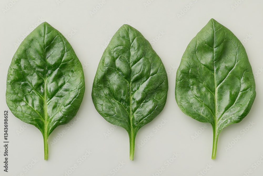 Poster fresh spinach leaves arranged on a neutral background showcasing their vibrant green color and uniqu