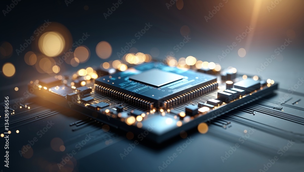 Aufkleber high-tech microchip glowing with lights on a dark circuit board in a modern digital environment