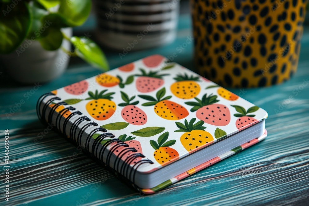 Poster colorful notebook with fruit design rests on a teal table alongside decorative plants in a cozy work