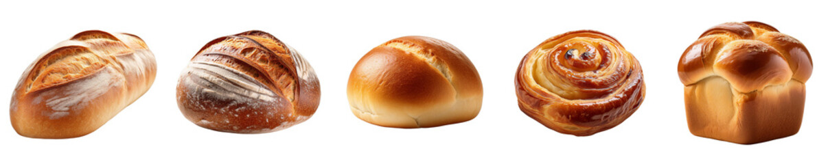 Artisan Breads: An assortment of freshly baked, handcrafted artisan bread loaves and rolls, capturing the warm, inviting essence of a bakery, ready for consumption.