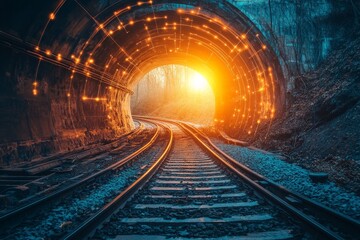 Obraz premium Warm light illuminates railway tracks inside a dark tunnel at sunset with glowing decorations