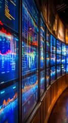 Curved wall of glowing digital screens displaying dynamic financial data in shades of blue and red, illuminating a dark modern interior. 