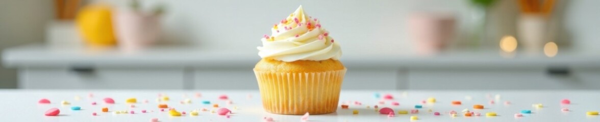 Vanilla cupcake on white table with colorful decorations in a bright room, birthday, decoration
