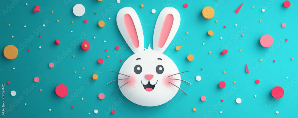 Poster a cartoon rabbit with a smile on its face is surrounded by colorful circles. concept of joy and play