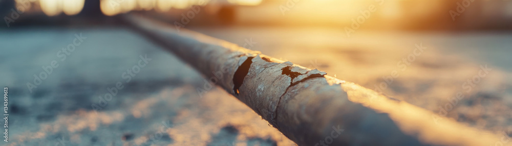 Poster close up of weathered pipe with visible crack, showcasing effects of time and exposure to elements. 