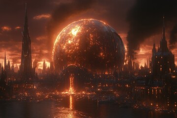 Obraz premium Dramatic landscape of a burning city under a glowing orange sky at twilight, with futuristic structures and dark smoke rising