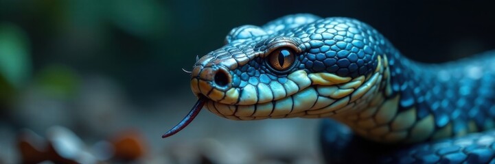 Fototapeta premium Venomous snake head closeup with blue scales and sharp fangs, reptile, scale