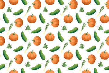 Seamless pattern with drawn vegetables. Pumpkin, zucchini, onion. Vegan and healthy food. Farm organic products. Vector background.