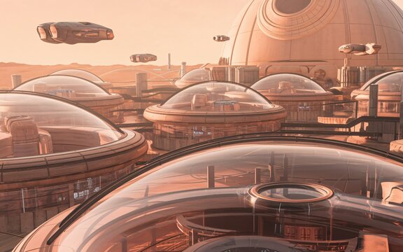 sci-fi city on Mars, Martian dome city, futuristic vehicles