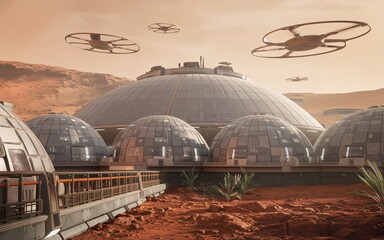 Obraz premium sci-fi city on Mars, Martian dome city with drones