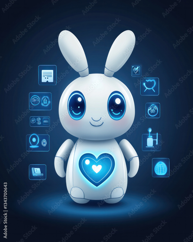 Poster a robot with a heart on its chest is surrounded by various icons and symbols. the robot appears to b