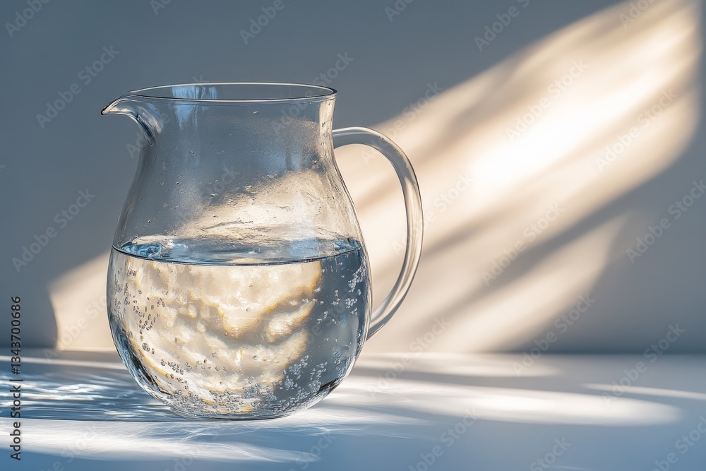 Poster clear glass pitcher filled with water reflecting sunlight on a neutral background in a softly lit en
