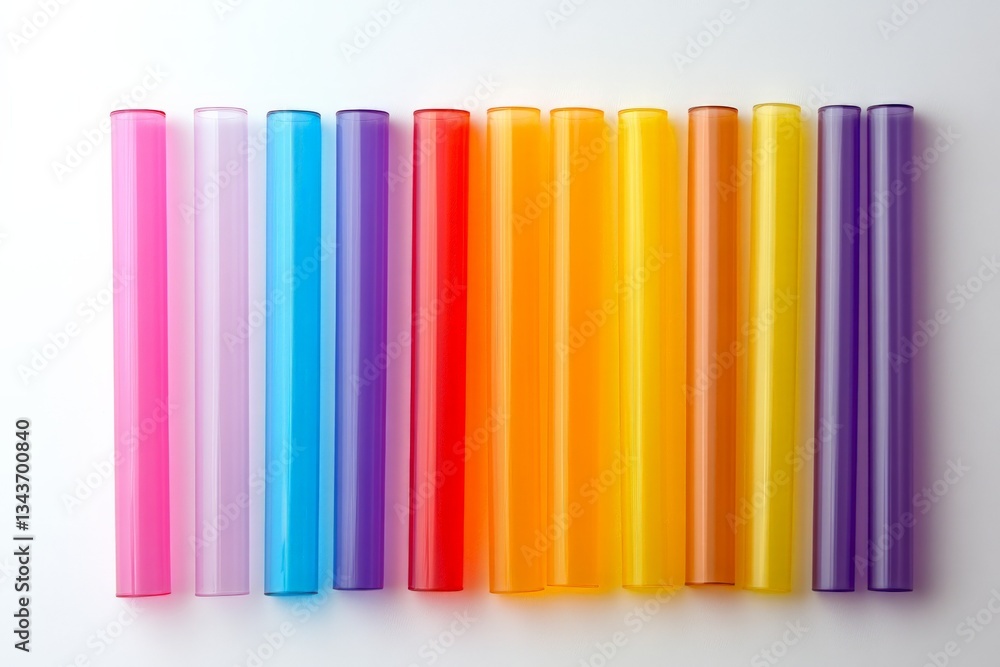 Poster vibrant translucent tubes arranged in a colorful spectrum on a white surface