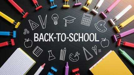 Blackboard with colorful stationery, featuring "Back-to-School" text and school-related icons.  Showcase of education supplies, ideal for advertising or educational content