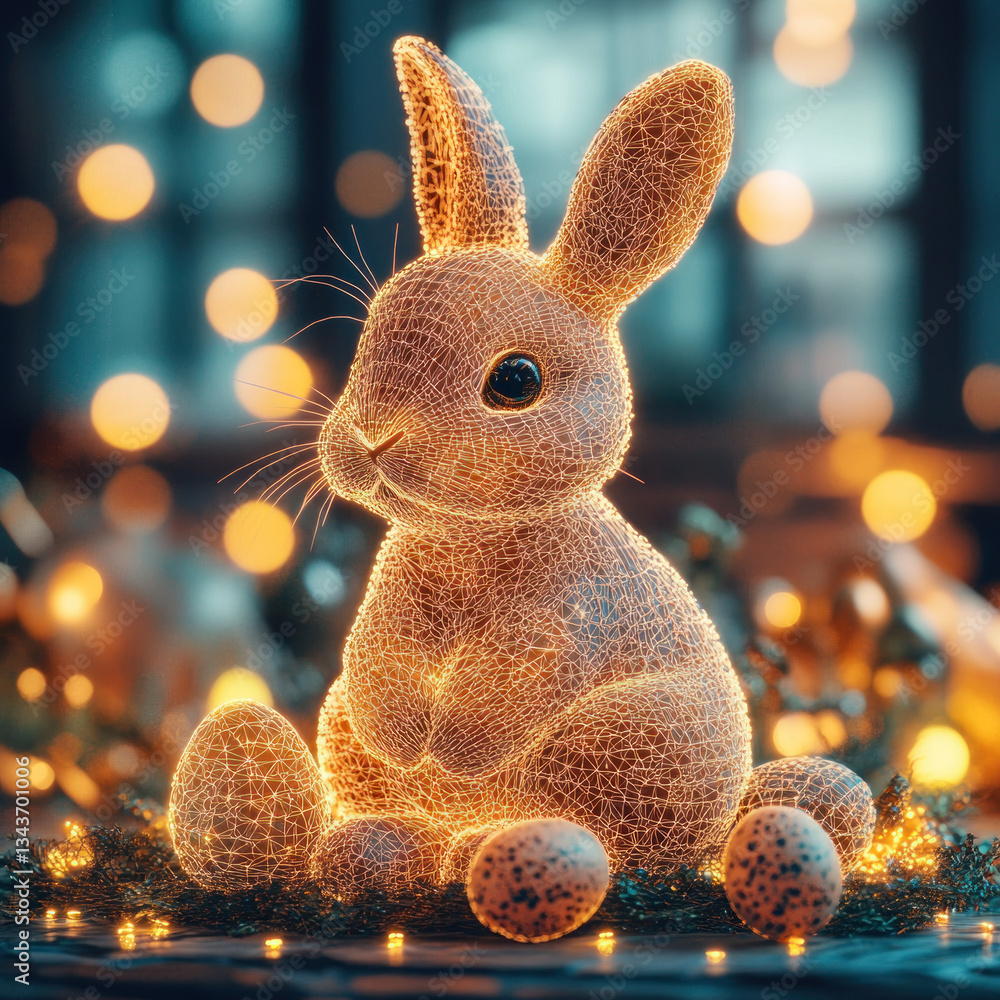 Aufkleber a rabbit is sitting on a table with a bunch of easter eggs. the rabbit is lit up and surrounded by a